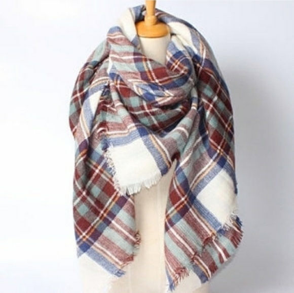 Source Unknown Accessories - Oversized Plaid Blanket Scarf Square Fringe Cream Brown Green Blue 58x58 Wrap